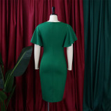 Women's Summer Solid Color High Waist Chic Career Ruffle Sleeve Office Dress