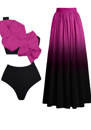 Deep V FloralOne-Piece Swimsuit SKirt Set