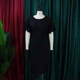 Women's Summer Solid Color High Waist Chic Career Ruffle Sleeve Office Dress