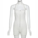 Spring Sexy Slim-Fit Halter Neck Zippered Solid Color Low Back Short Jumpsuits