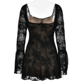 Spring Sexy Lace Bell Sleeve Long-Sleeve Low Back Bodycon Short Dress