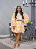 Women zipper cute puff sleeve striped shirt and Skirt two-piece set