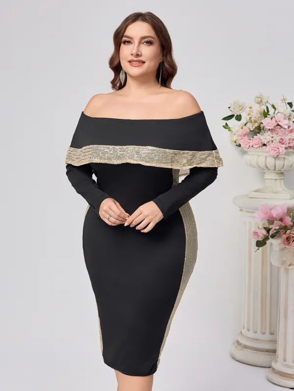 Plus Size Women's Fashion Chic Elegant Off-Shoulder Sequin Long-Sleeve Bodycon Dress