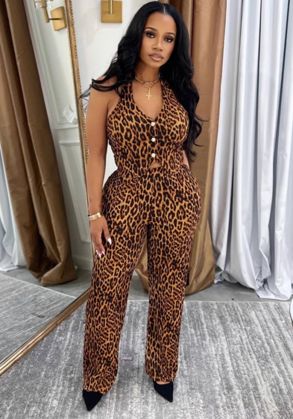 Women sexy button Halter Neck Top Leopard print trousers two-piece set