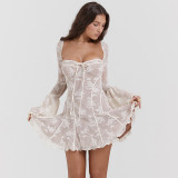 Spring Sexy Lace Bell Sleeve Long-Sleeve Low Back Bodycon Short Dress