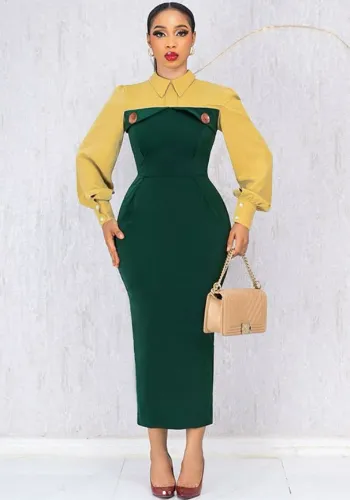 Women elegant contrast color button split Bodycon Dress