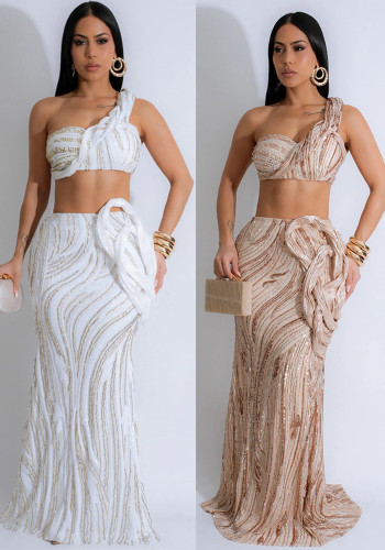 Women sleeveless one-shoulder Crop Top and sexy Bodycon skirt two-piece set