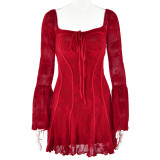 Spring Sexy Lace Bell Sleeve Long-Sleeve Low Back Bodycon Short Dress