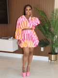 Women zipper cute puff sleeve striped shirt and Skirt two-piece set