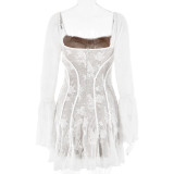 Spring Sexy Lace Bell Sleeve Long-Sleeve Low Back Bodycon Short Dress