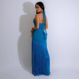 Women hollow sleeve Halter Neck tassel dress