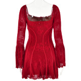 Spring Sexy Lace Bell Sleeve Long-Sleeve Low Back Bodycon Short Dress