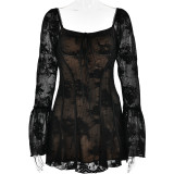 Spring Sexy Lace Bell Sleeve Long-Sleeve Low Back Bodycon Short Dress
