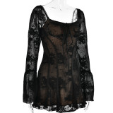 Spring Sexy Lace Bell Sleeve Long-Sleeve Low Back Bodycon Short Dress