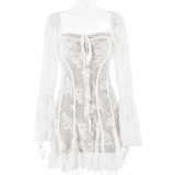 Spring Sexy Lace Bell Sleeve Long-Sleeve Low Back Bodycon Short Dress