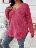 Women's Autumn Winter Solid Color Ribbed V-Neck Plus Size Pullover Top