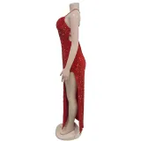 Women's Fashion Sequin Strap Backless Slit Evening Dress