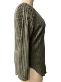 Women's Autumn Winter Solid Color Ribbed V-Neck Plus Size Pullover Top