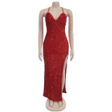 Women's Fashion Sequin Strap Backless Slit Evening Dress