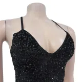 Women's Fashion Sequin Strap Backless Slit Evening Dress