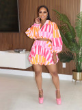 Women zipper cute puff sleeve striped shirt and Skirt two-piece set