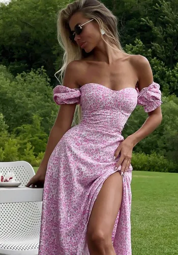 Women's Summer Off-Shoulder Floral Slit Long Dress