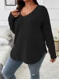 Women's Autumn Winter Solid Color Ribbed V-Neck Plus Size Pullover Top