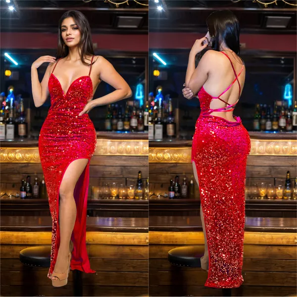 Women's Fashion Sequin Strap Backless Slit Evening Dress
