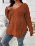 Women's Autumn Winter Solid Color Ribbed V-Neck Plus Size Pullover Top