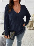 Women's Autumn Winter Solid Color Ribbed V-Neck Plus Size Pullover Top