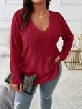 Women's Autumn Winter Solid Color Ribbed V-Neck Plus Size Pullover Top