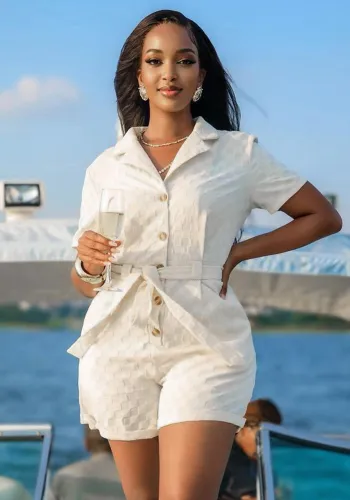 Women's Summer Turndown Collar Belted Jumpsuit