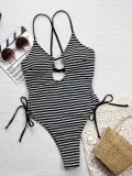 Striped Contrast Hollow Lace-Up One-Piece Swimsuit