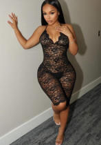 Women's Deep V Neck Lace See-Through High Waist Jumpsuit