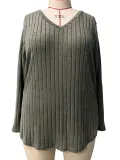 Women's Autumn Winter Solid Color Ribbed V-Neck Plus Size Pullover Top