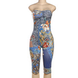 Women's Spring Floral Print Strapless Tight-Fitting Jumpsuit