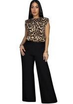 Leopard Print Sleeveless Top Straight Pants Casual Two-Piece Set