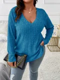 Women's Autumn Winter Solid Color Ribbed V-Neck Plus Size Pullover Top