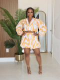Women zipper cute puff sleeve striped shirt and Skirt two-piece set