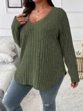 Women's Autumn Winter Solid Color Ribbed V-Neck Plus Size Pullover Top