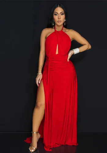 Sexy Red Halter Neck Low Back High Slit Long Dress