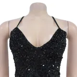 Women's Fashion Sequin Strap Backless Slit Evening Dress