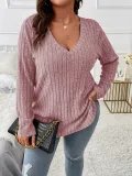 Women's Autumn Winter Solid Color Ribbed V-Neck Plus Size Pullover Top