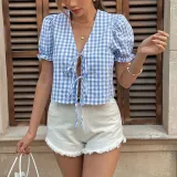 Women's Summer Bow Tie Plaid Casual Top