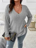 Women's Autumn Winter Solid Color Ribbed V-Neck Plus Size Pullover Top