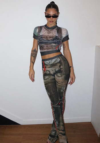 Women's Spring Print Bell-Bottom Two-Piece Trousers Set