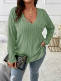 Women's Autumn Winter Solid Color Ribbed V-Neck Plus Size Pullover Top