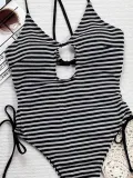Striped Contrast Hollow Lace-Up One-Piece Swimsuit