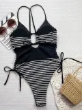 Striped Contrast Hollow Lace-Up One-Piece Swimsuit