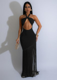 Women hollow sleeve Halter Neck tassel dress